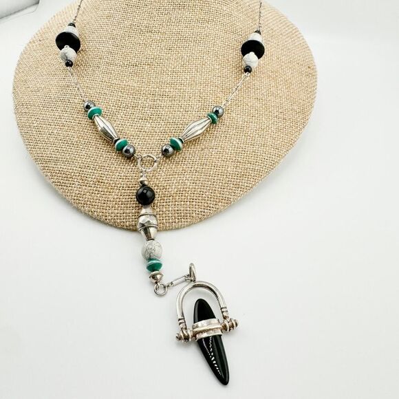 Turquoise Howlite Obsidian Silver Vintage Necklace Retro 80s Handmade Artisan - Picture 11 of 11